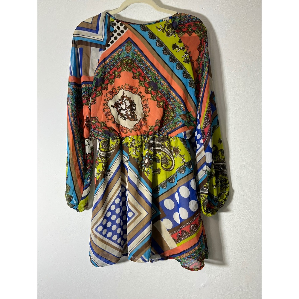 Mimi Chica Womans Boho Patchwork Paisley Polka Dot Mini Dress Long Sleeve Small - Picture 2 of 7